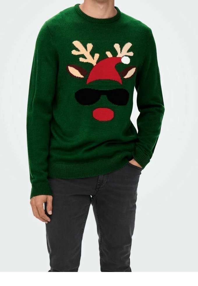 Homme portant un pull de Noël vert avec un motif de renne comprenant des bois, un nez rouge, un bonnet de Père Noël et des lunettes de soleil noires.