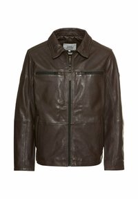 Bruineleren jas met een kraag, twee ritsborstzakken en zijzakken. Beschikt over een soepele textuur en een gestructureerd ontwerp.