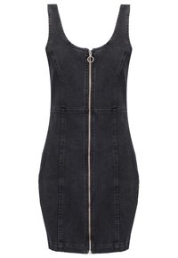 Svart denimklänning med en figurnära silhuett, rundad halsringning och frontdragkedja. Har synliga sömmar och en mjuk textur.