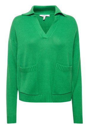 Žalias megztas puloveris su V formos iškirpte, apykaklės dizainu ir dviem priekyje esančiomis kišenėmis; tekstūruoti, raibu priekiu ir apačia.
