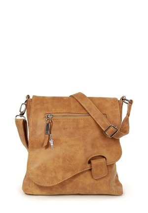Braune Leder-Crossbody-Tasche mit Klappenverschluss, vorderer Reißverschluss-Tasche, verstellbarem Tragegurt und dekorativem Schlüsselanhänger-Detail. Glatte Textur.