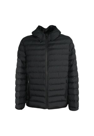 Giacca nera imbottita con zip frontale, colletto alto e cappuccio. Presenta cuciture orizzontali, due tasche laterali e una texture liscia.