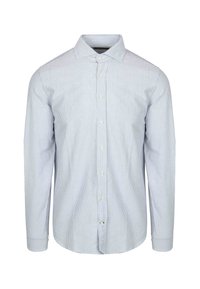 Gestreept overhemd met knopen in lichtblauw en wit, van katoen, lange mouwen, normale kraag, met een voorpas met knopen.