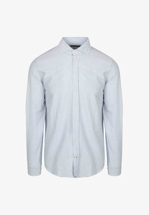 Gestreept overhemd met knopen in lichtblauw en wit, van katoen, lange mouwen, normale kraag, met een voorpas met knopen.