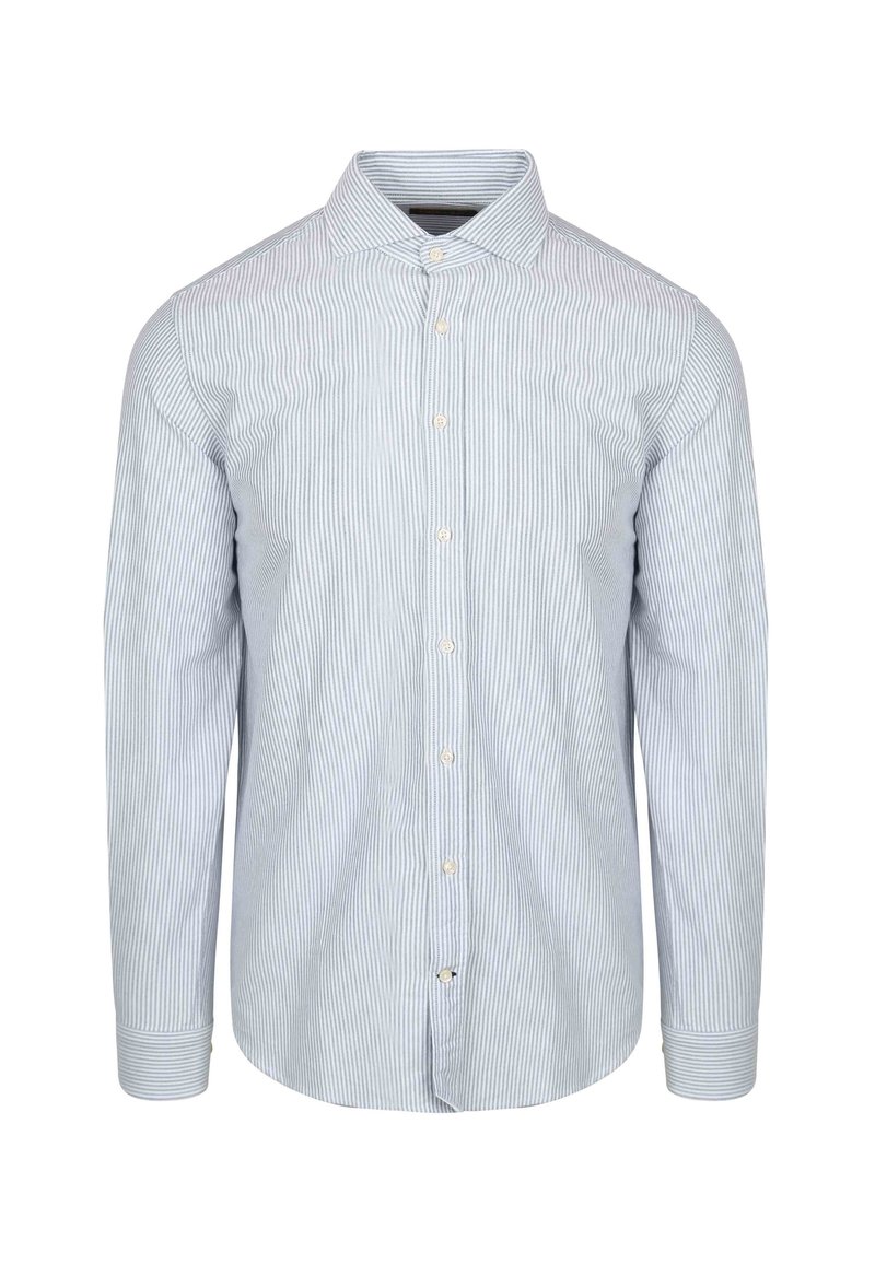 Gestreept overhemd met knopen in lichtblauw en wit, van katoen, lange mouwen, normale kraag, met een voorpas met knopen.