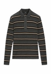 Polo z długim rękawem w szarym kolorze z poziomymi paskami w odcieniu brązu i jasnoniebieskim. Posiada zamek błyskawiczny oraz klasyczny kołnierzyk.