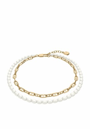 Bracelet à double rang composée d'une chaîne en or et d'un rang de perles ovales blanches, fermé par un fermoir en or.