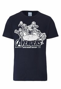 Navy blue cotton t-shirt featuring a white graphic of the Avengers, with characters and logo, round neckline, short sleeves.
