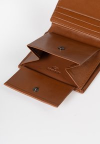 Brown leather wallet with multiple card slots and a snap closure. Features a smooth texture and a logo imprint inside. Opened view.