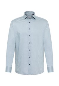 Lichtblauw overhemd met lange mouwen en een geometrisch patroon. Beschikt over een button-down kraag en donkere knopen, gemaakt van een gladde stof.