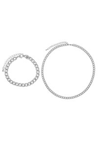 Set di bracciale e collana in metallo argentato con link di forma uniforme. Superficie liscia con finitura lucida. Lunghezze regolabili.