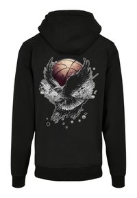 Black hoodie featuring a large graphic of an eagle and a basketball on the back, with gray and white details and splatter accents.