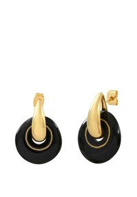Boucles d'oreilles circulaires en ton doré avec une finition en résine noire brillante. Présentent une forme lisse et courbée, ainsi qu'un accent texturé doré au centre.
