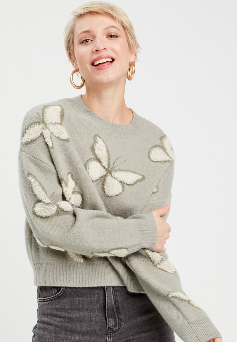 Pull gris avec des motifs de papillons crémeux texturés, col rond et manches longues. Le matériau semble doux et confortable. Coupe courte.