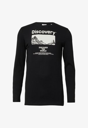 Czarna koszulka z długim rękawem z napisem "Discovery" i grafiką góry, z przodu z napisem "Discover the World" oraz nadrukiem w motywie ekspedycyjnym.