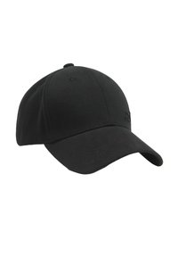 Czarna czapka bejsbolowa o gładkiej teksturze materiału, zakrzywionym daszku i sześciu wentylacyjnych otworach. Dyskretne logo na przednim panelu.