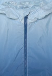 Jasnoniebieska kurtka z zapięciem na zamek, o gładkiej fakturze i gradientowym wzorze. Wnętrze ma siateczkową podszewkę.