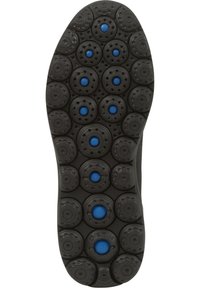 Suola della scarpa con una base in gomma nera caratterizzata da motivi rotondi e testurizzati e accenti circolari blu per una maggiore aderenza e flessibilità.