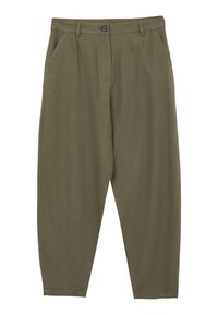 Pantalons légers verts olive avec une coupe ajustée, comportant une fermeture à bouton, deux poches avant et des jambes fuselées. Texture lisse.