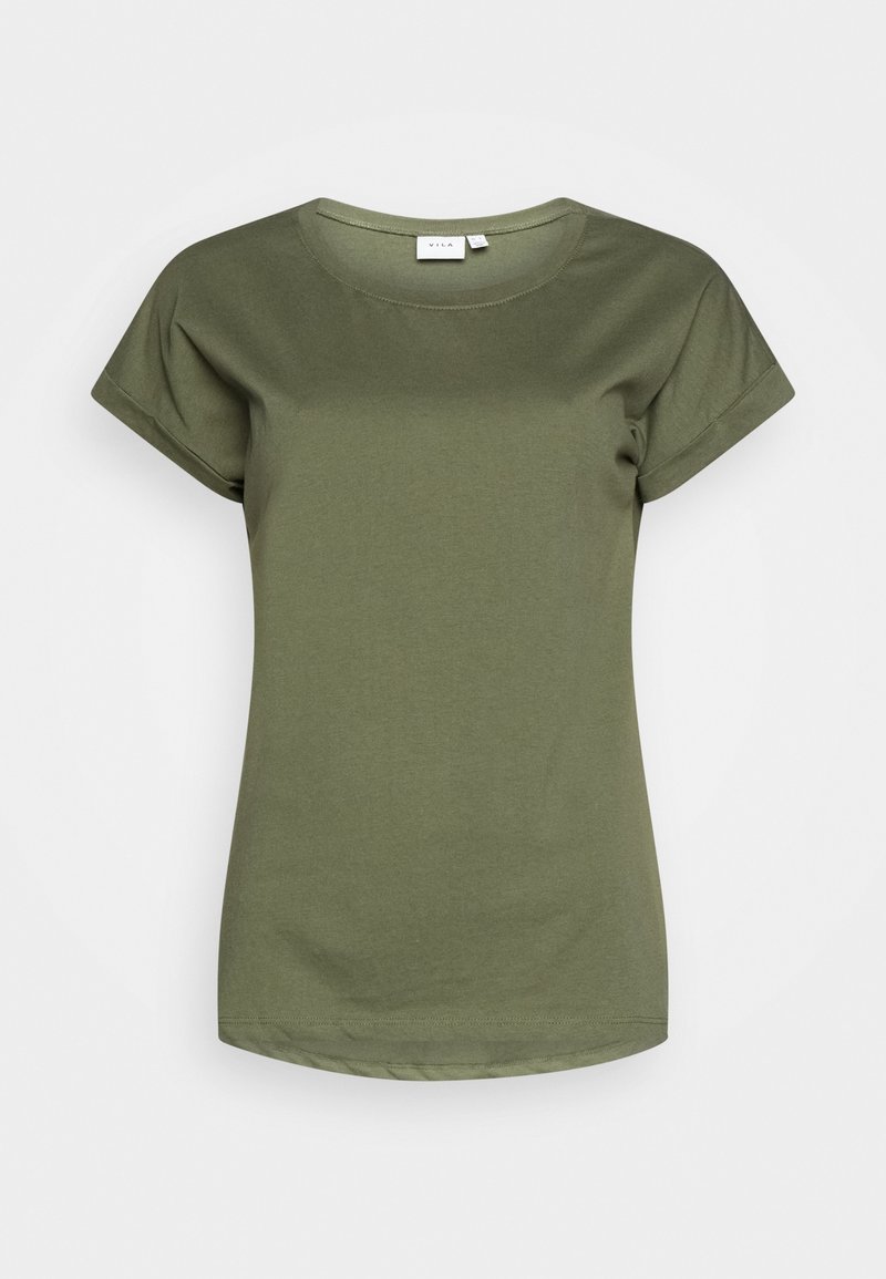 T-shirt vert olive à manches courtes avec col rond, ourlet droit et détails de couture minimaux, présenté sur un fond uni.
