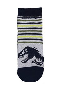 Gestreifte Socke in Grau mit marineblauen, grünen und gelben Streifen. Mit einem schwarzen Dinosaurier-Graphic. Gerippter Bund, aus einem Baumwollmischmaterial.