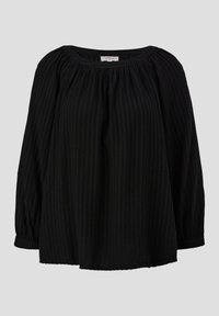 Zwarte blouse met lange mouwen en een ontspannen pasvorm, met een ronde halslijn, geplooide details en gestructureerde verticale strepen.