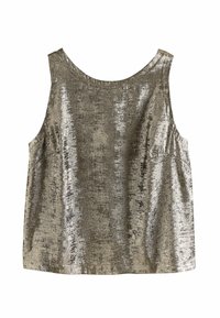 Metallic sleeveless top in gold and silver tones, with a smooth texture and a rounded neckline. Features side seams and a relaxed fit.