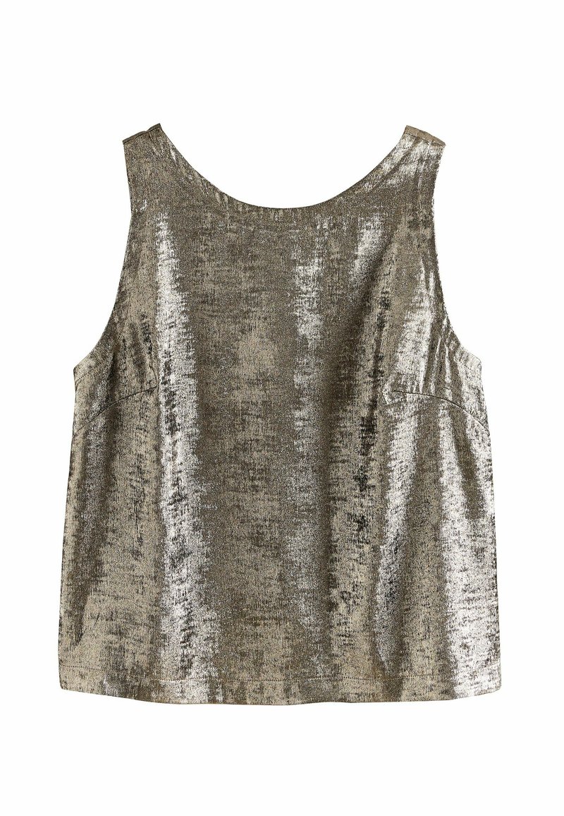 Metallic sleeveless top in gold and silver tones, with a smooth texture and a rounded neckline. Features side seams and a relaxed fit.