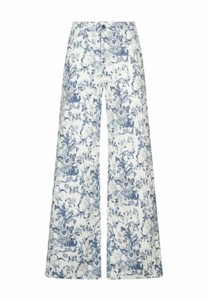 Pantalon blanc à jambes larges avec imprimé floral détaillé bleu, taille boutonnée et poches avant.