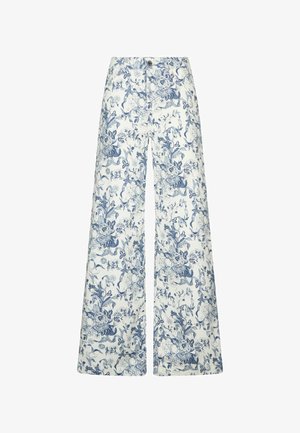 Pantalon blanc à jambes larges avec imprimé floral détaillé bleu, taille boutonnée et poches avant.