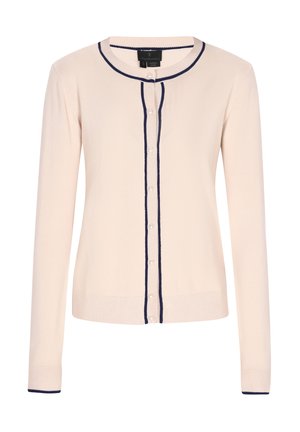 Jasno beżowy kardigan wykonany z miękkiego materiału, z okrągłym dekoltem, granatowymi akcentami oraz zapięciem na osiem guzików z przodu.