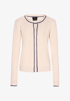 Jasno beżowy kardigan wykonany z miękkiego materiału, z okrągłym dekoltem, granatowymi akcentami oraz zapięciem na osiem guzików z przodu.