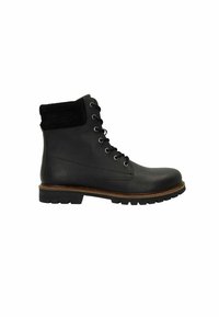 Zwarte leren enkellaars met een suede kraag, ronde neus, veter sluiting en robuuste zool. Het ontwerp heeft een gestructureerde afwerking en zichtbare stiksels.