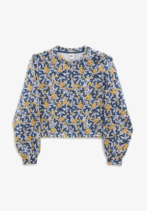 Sudadera corta de manga larga de Vans con patrón floral en amarillo, blanco y rosa sobre fondo azul.