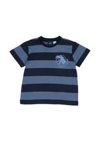 Tričko s krátkým rukávem, s námořnickými a světle modrými vodorovnými pruhy. Obsahuje grafiku dinosaura s textem "Máš strach?" ve světle modré barvě.