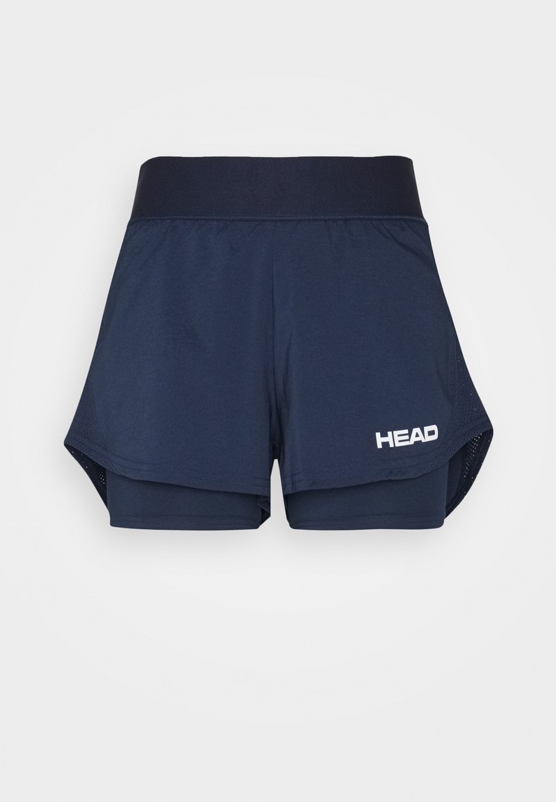 Shorts de sport bleu marine superposés avec une large ceinture élastique et un logo blanc "HEAD" sur le devant, en bas à droite.