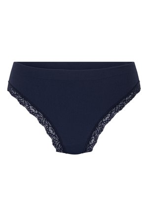 Navy blue ribbed women's underwear with lace trim along leg openings on white background.