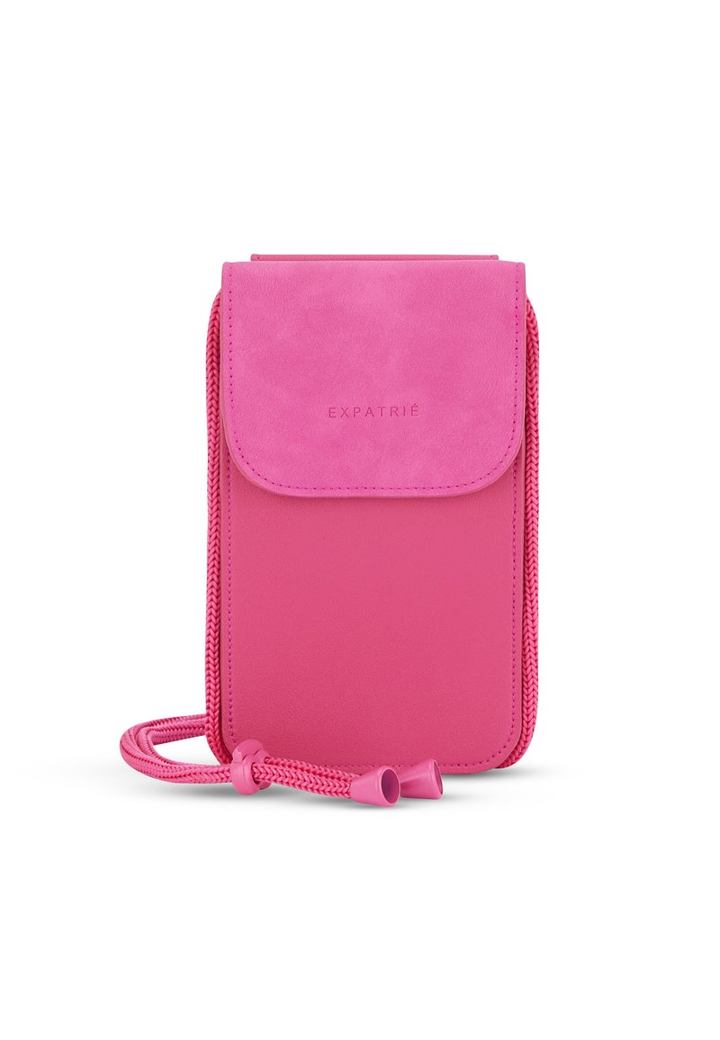 Pouch per telefono in suede rosa e materiale sintetico con chiusura a pattina, caratterizzato da una finitura testurizzata, cordino regolabile e logo impresso.