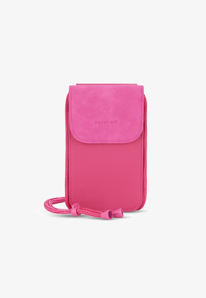 Pouch per telefono in suede rosa e materiale sintetico con chiusura a pattina, caratterizzato da una finitura testurizzata, cordino regolabile e logo impresso.