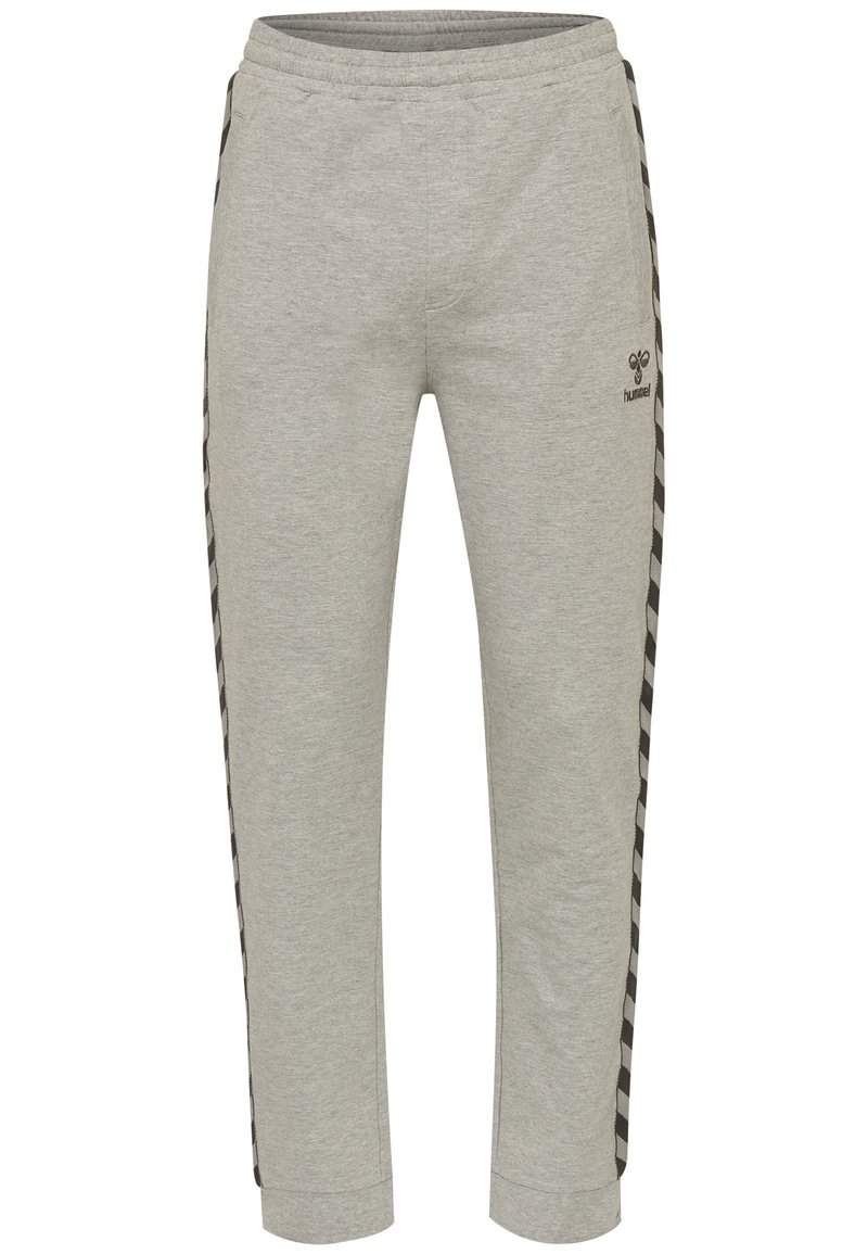 Graue Jogginghosen aus Baumwollmischgewebe mit einem schwarz-weißen Schachbrettmuster an den Seitenstreifen und einem elastischen Bund.