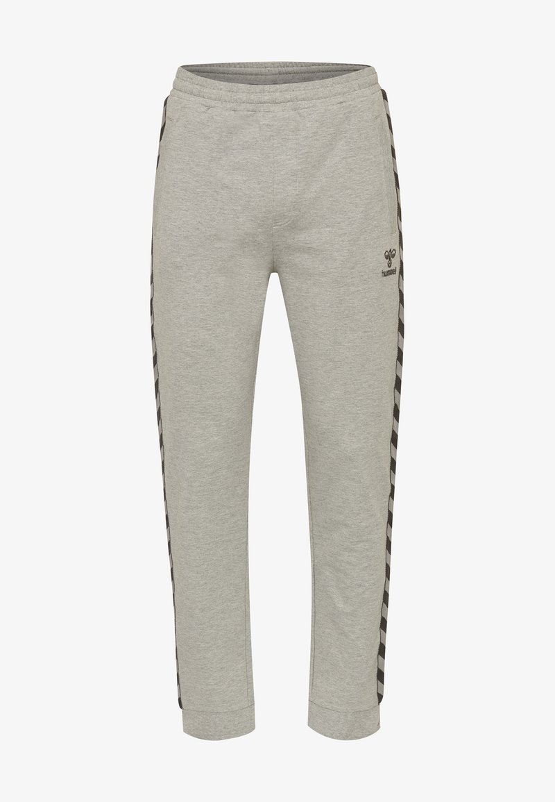 Pantalon de survêtement gris en tissu mélangé coton, avec un motif à carreaux noir et blanc sur les bandes latérales et une taille élastique.