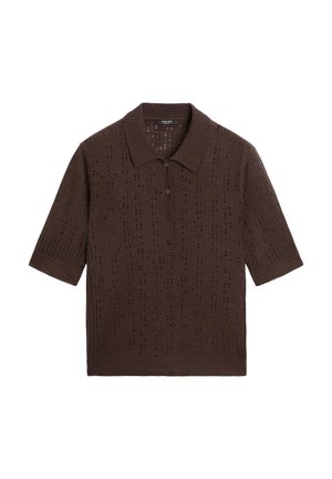 Brown short-sleeve knit polo shirt with collar and three-button placket featuring a subtle hole pattern throughout.