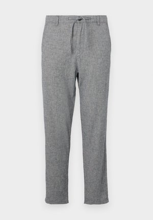 Lightweight gray pants with a textured weave, featuring a drawstring waist and straight leg design. No pockets or additional embellishments.