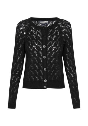 Cárdigan negro con un patrón de punto de encaje, cuello redondo y mangas largas. Seis botones en la parte delantera con detalles sutiles.