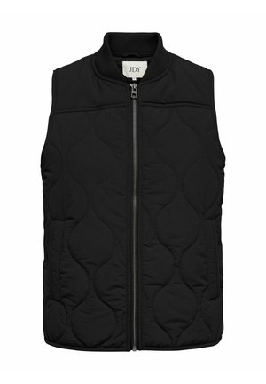 Juoda siuvinėta be rankovių liemenė su priekinio užtrauktuko uždarymu ir ribotu apykakle, su šoninėmis kišenėmis ir subtiliu banguoto siūlės raštu.