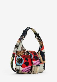 Mehrfarbige Schultertasche mit einer Vielzahl von grafischen Mustern, hergestellt aus einem glatten Stoff und mit einem verstellbaren Träger.