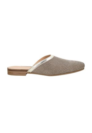 Slip-on mule flat shoe with textured brown upper and metallic gold trim, flat wooden sole, angled side view on white background.