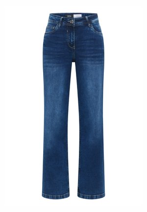 Blå denimjeans med rak benform, mellanfärgad tvätt, subtil blekning, hällor för bälte, framfickor och knappgylf.