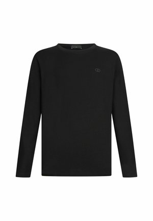 Čierne tričko s dlhým rukávom vyrobené z jemnej bavlny, s okrúhlym výstrihom a nenápadným logom na prednej strane. Klasický strih a ľahká textúra.