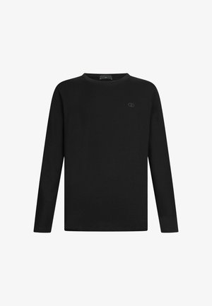 Zwart langemouwen t-shirt van zachte katoen, met een ronde hals en subtiele logo-details aan de voorkant. Klassieke pasvorm en lichtgewicht textuur.
